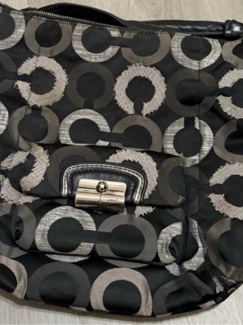 Coach Kristen Black Shoulder Bag with Gray Signature Circle Pattern